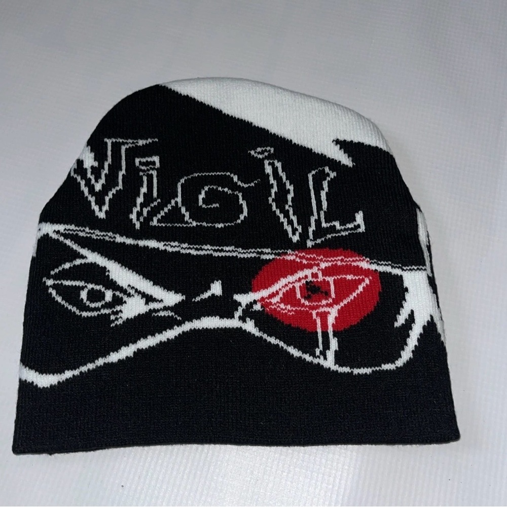 Vigil Black and White Beanie with Red Detail